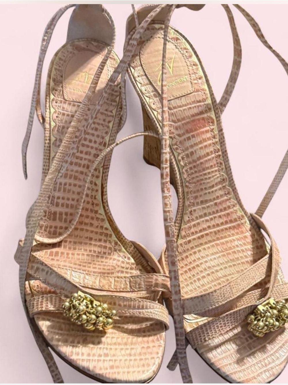 Lace-Up Lizard-Embossed Heels with Gold Toe Accent - Nude